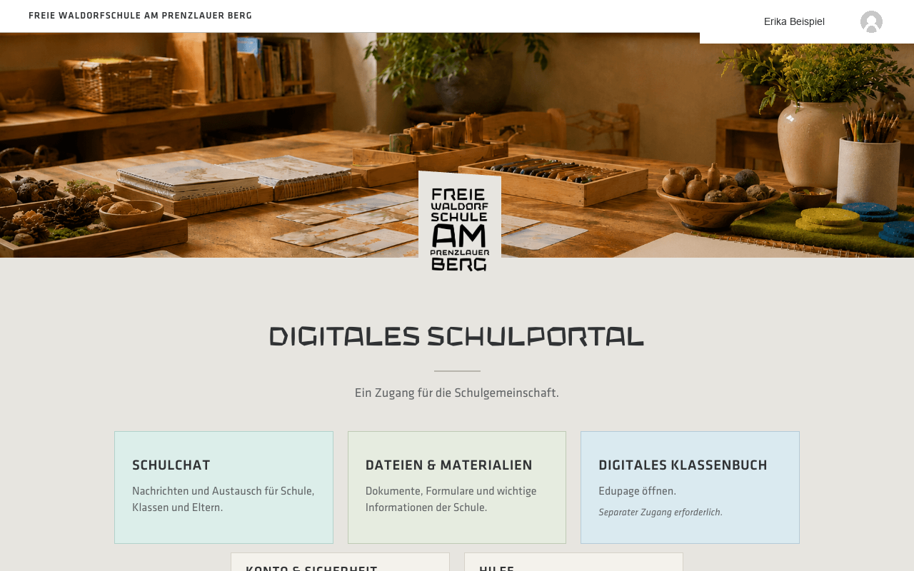 Startseite des Schulportals mein.schulemachen.com mit verschiedenen Kacheln