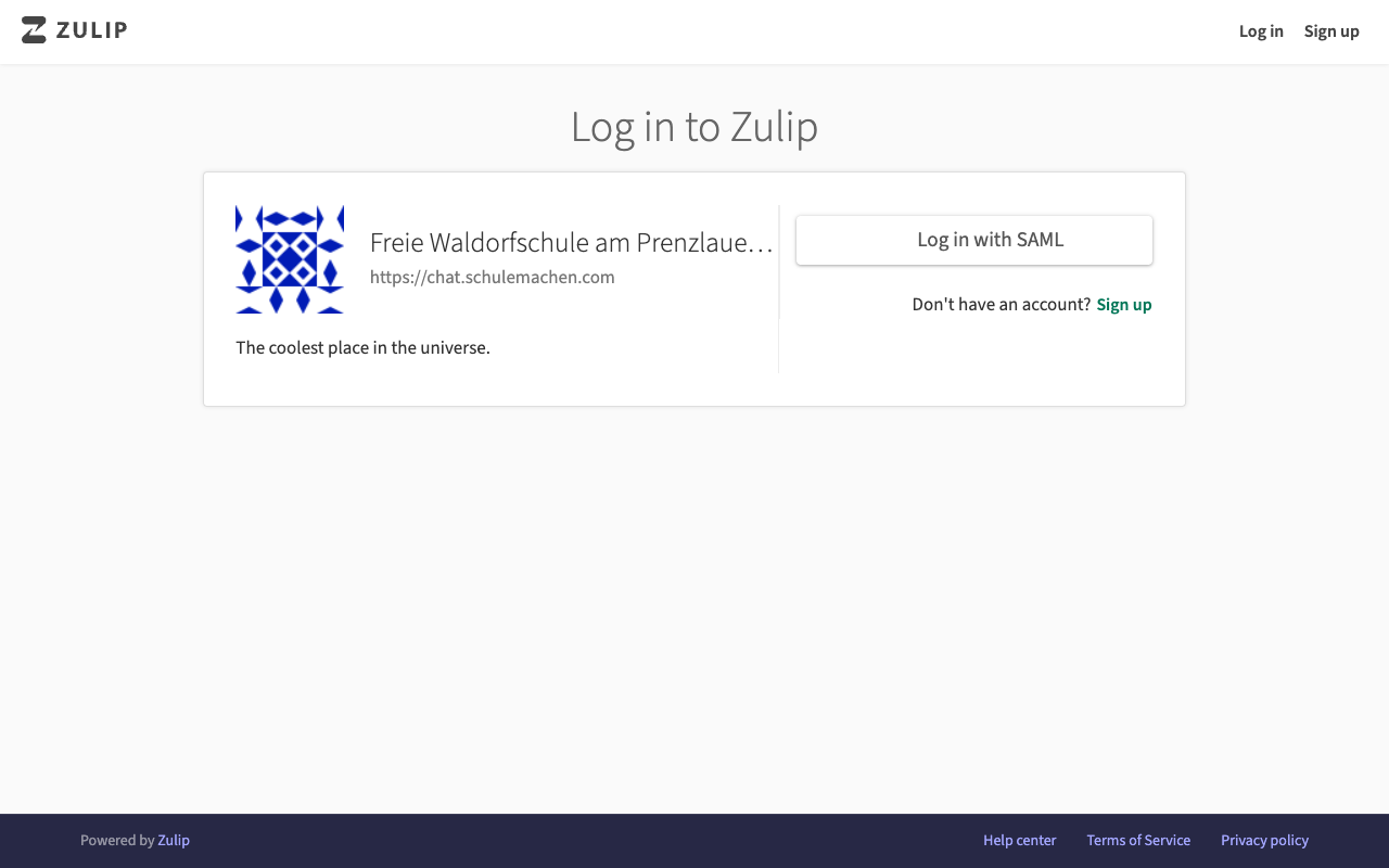 Zulip-Anmeldeseite mit der grünen Schaltfläche Log in with SAML